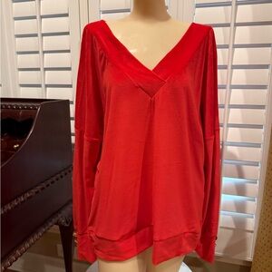 Exclusive Red velour V-Neck Women’s Top in XXL w/ long sleeves and buttons